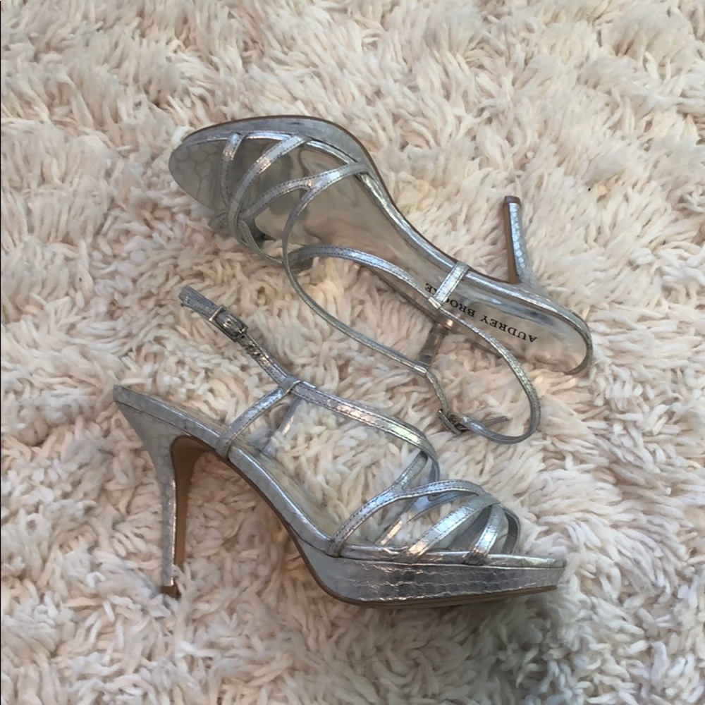 Audrey Brooke Silver Snakeskin Strappy Heels